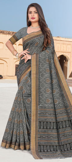 Black and Grey color Saree in Cotton fabric with Printed work