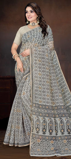 Black and Grey color Saree in Cotton fabric with Printed work