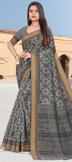 Black and Grey color Saree in Cotton fabric with Printed work