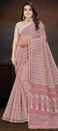 Red and Maroon color Saree in Cotton fabric with Printed work