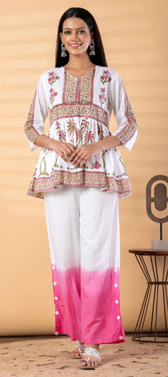 Pink and Majenta, White and Off White color Co-ords Set in Cotton, Malmal fabric with Floral, Printed, Tye n Dye work
