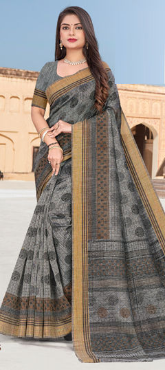 Black and Grey color Saree in Cotton fabric with Printed work