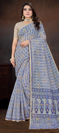 Blue color Saree in Cotton fabric with Printed work