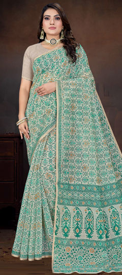 Green color Saree in Cotton fabric with Printed work