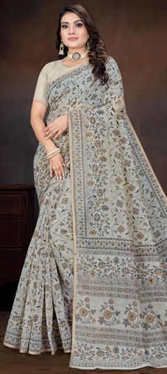 Black and Grey color Saree in Cotton fabric with Printed work