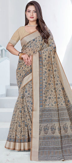 Black and Grey color Saree in Cotton fabric with Printed work