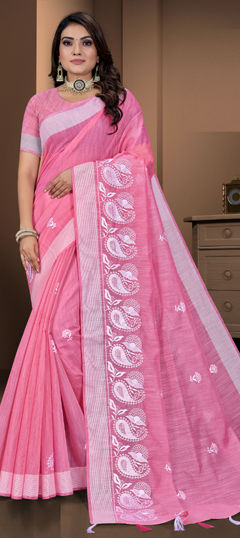 Pink and Majenta color Saree in Cotton fabric with Embroidered, Resham work