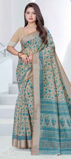 Blue color Saree in Cotton fabric with Printed work