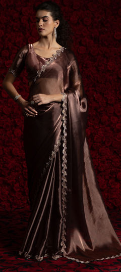 Beige and Brown color Saree in Tissue fabric with Zircon work
