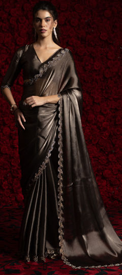 Beige and Brown color Saree in Tissue fabric with Zircon work