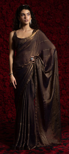 Beige and Brown color Saree in Tissue fabric with Zircon work