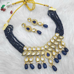 Gold Rodium Polish Blue color Necklace in Metal Alloy studded with CZ Diamond, Pearl