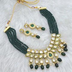Gold Rodium Polish Green color Necklace in Metal Alloy studded with CZ Diamond, Pearl