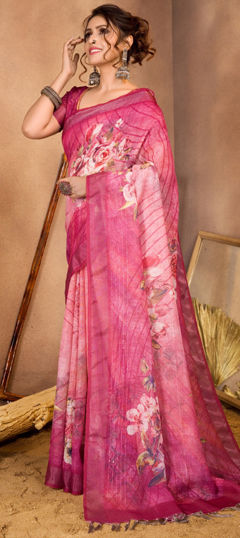 Pink and Majenta color Saree in Linen fabric with Floral, Printed, Sequence work