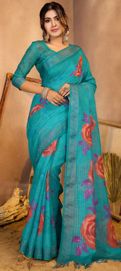 Blue color Saree in Linen fabric with Floral, Printed, Sequence work