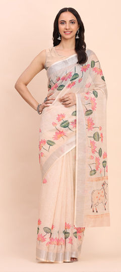 Pink and Majenta color Saree in Cotton, Linen fabric with Floral work