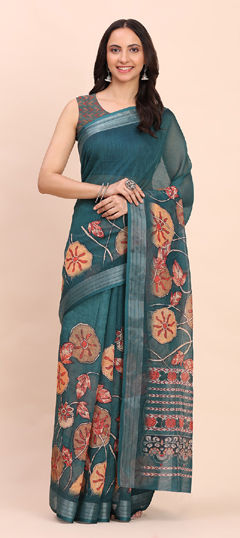 Blue color Saree in Cotton, Linen fabric with Floral, Printed work