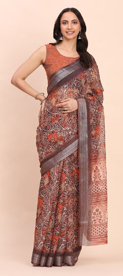 Beige and Brown color Saree in Cotton, Linen fabric with Floral, Printed work