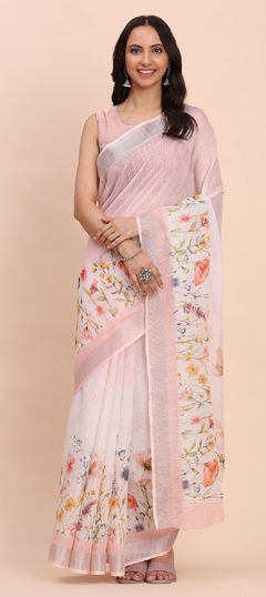 Pink and Majenta color Saree in Cotton, Linen fabric with Floral, Printed work