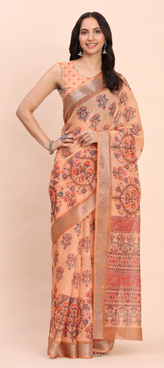 Orange color Saree in Cotton, Linen fabric with Floral, Printed work