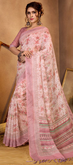 Pink and Majenta color Saree in Linen fabric with Floral, Printed, Sequence work