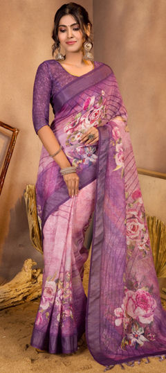 Pink and Majenta color Saree in Linen fabric with Floral, Printed, Sequence work