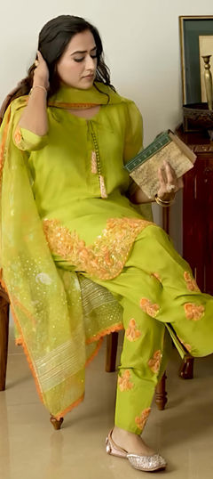 Green color Salwar Kameez in Cotton fabric with Embroidered, Sequence work