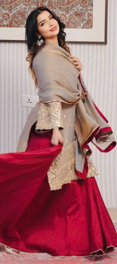 Black and Grey color Salwar Kameez in Crushed Silk fabric with Embroidered, Sequence work