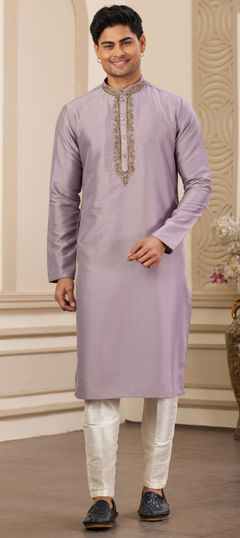 Purple and Violet color Kurta Pyjamas in Art Silk fabric with Embroidered, Sequence work