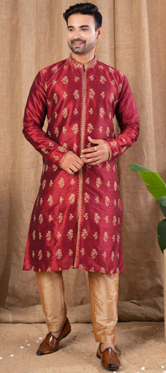 Red and Maroon color Dhoti in Art Silk fabric with Embroidered, Stone, Zari work