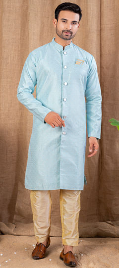 Blue color IndoWestern Dress in Jacquard fabric with Weaving work