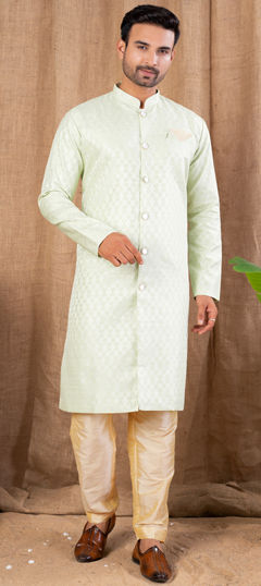 Green color IndoWestern Dress in Jacquard fabric with Weaving work