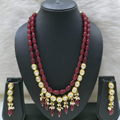 Gold Rodium Polish Red and Maroon color Necklace in Metal Alloy studded with CZ Diamond, Pearl