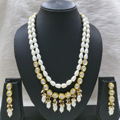 Gold Rodium Polish White and Off White color Necklace in Metal Alloy studded with CZ Diamond, Pearl