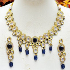 Gold Rodium Polish Blue color Necklace in Metal Alloy studded with CZ Diamond, Pearl