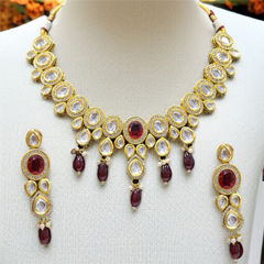 Gold Rodium Polish Red and Maroon color Necklace in Metal Alloy studded with CZ Diamond, Pearl