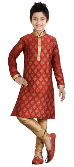 201887: Red and Maroon color Boys Kurta Pyjama in Art Silk fabric with Lace, Thread work