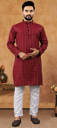 Red and Maroon color Kurta Pyjamas in Cotton fabric with Weaving work