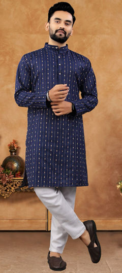 Blue color Kurta Pyjamas in Cotton fabric with Weaving work