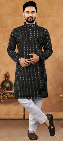 Black and Grey color Kurta Pyjamas in Cotton fabric with Weaving work