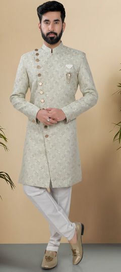 Green color IndoWestern Dress in Jacquard fabric with Weaving work