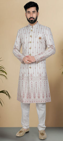 White and Off White color Sherwani in Silk fabric with Embroidered, Sequence, Thread work