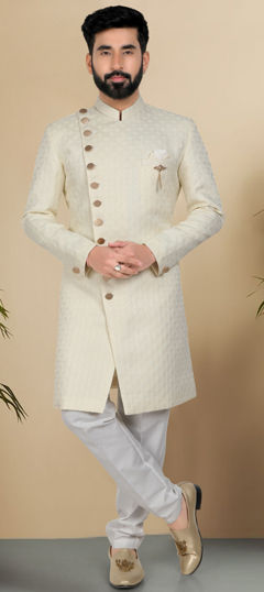 White and Off White color IndoWestern Dress in Jacquard fabric with Weaving work