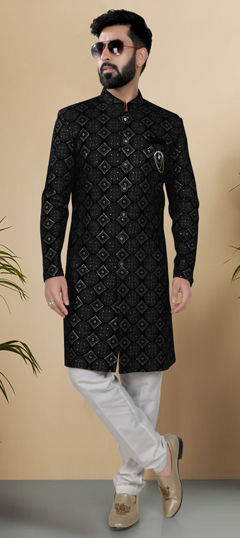 Black and Grey color IndoWestern Dress in Velvet fabric with Embroidered, Sequence, Thread work