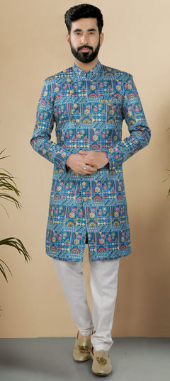 Blue color IndoWestern Dress in Silk fabric with Embroidered, Sequence, Thread work