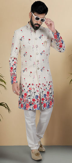 White and Off White color IndoWestern Dress in Silk fabric with Printed work