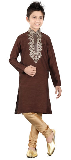 Beige and Brown color Boys Kurta Pyjama in Art Silk fabric with Embroidered, Thread work : 201892