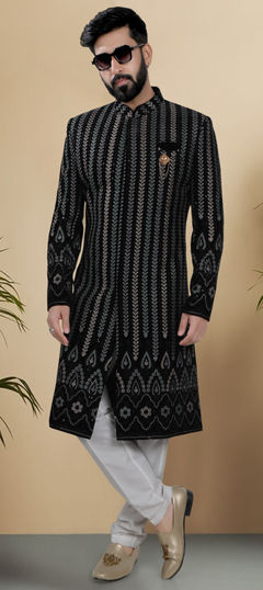 Purple and Violet color Sherwani in Velvet fabric with Embroidered, Sequence, Thread work