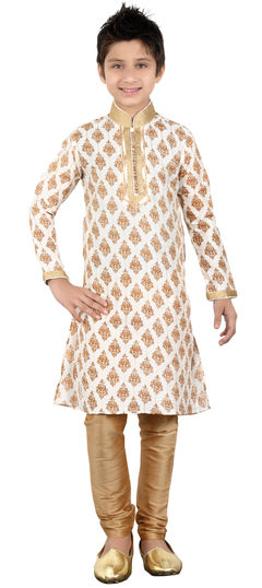 Beige and Brown color Boys Kurta Pyjama in Art Silk fabric with Lace, Thread work : 201893