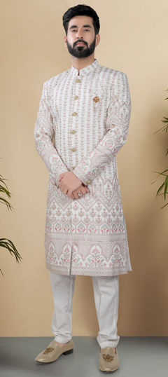 White and Off White color Sherwani in Silk fabric with Embroidered, Sequence, Thread work